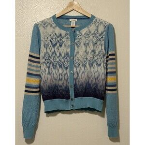Sundance Ikat Joy Print Linen Silk Blend Cardigan Sweater Women's Medium Blue